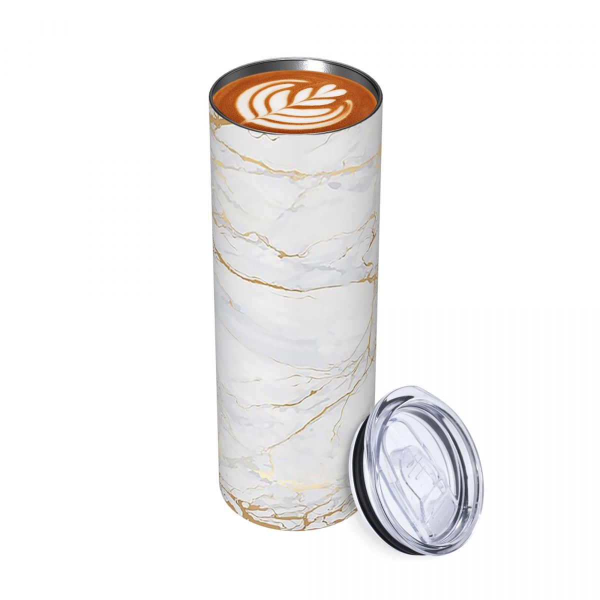 Tumbler 20Oz White - 白と金のマーブル模様のステンレス製タンブラー。真空断熱構造で、冷たい飲み物にも適した、蓋付きのストロー付きマグカップ。容量20オンス。