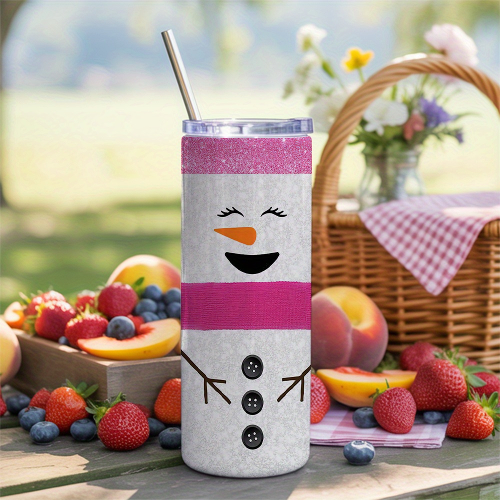Tumbler 20Oz White - かわいい雪だるまの顔が描かれた20オンスの大容量保温カップ1個 - ストローとブラシ付き二重壁断熱タンブラー、ピンクと白の冬デザイン - こぼれ防止蓋、コーヒー、紅茶、スムージー、女の子向け、オフィス、クリスマス用マグカップとして使える保温・保冷ドリンク用サーモス