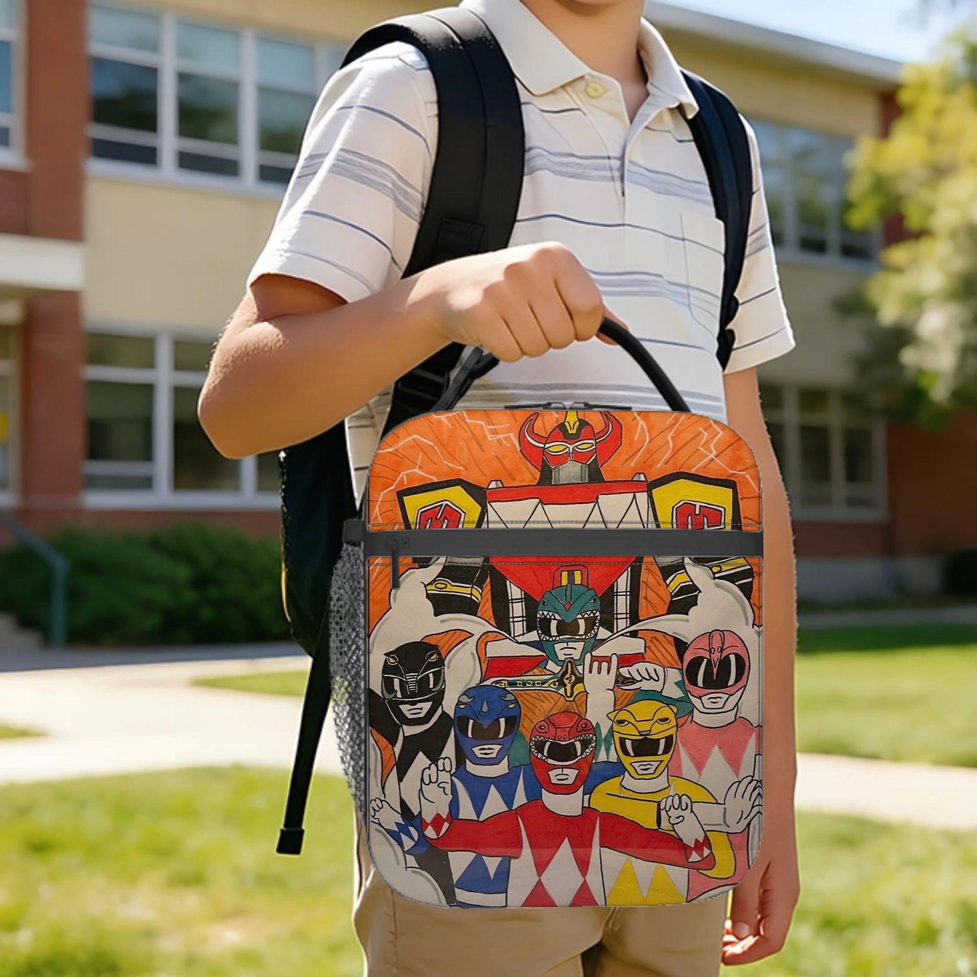 Tote Bag Sublimation - パワーレンジャーとメガゾードのアートワーク 断熱ランチバッグ 食事容器 クーラーバッグ トートランチボックス 学校ピクニック弁当ポーチ