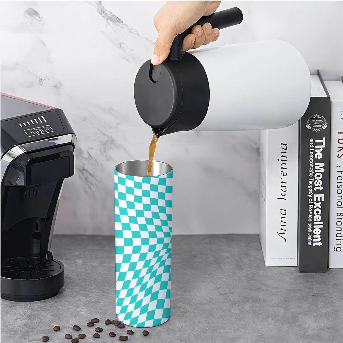 20オンス ティールとホワイトのチェック柄ウェーブ模様 ステ - Tumbler 20Oz White のレビューと価格
