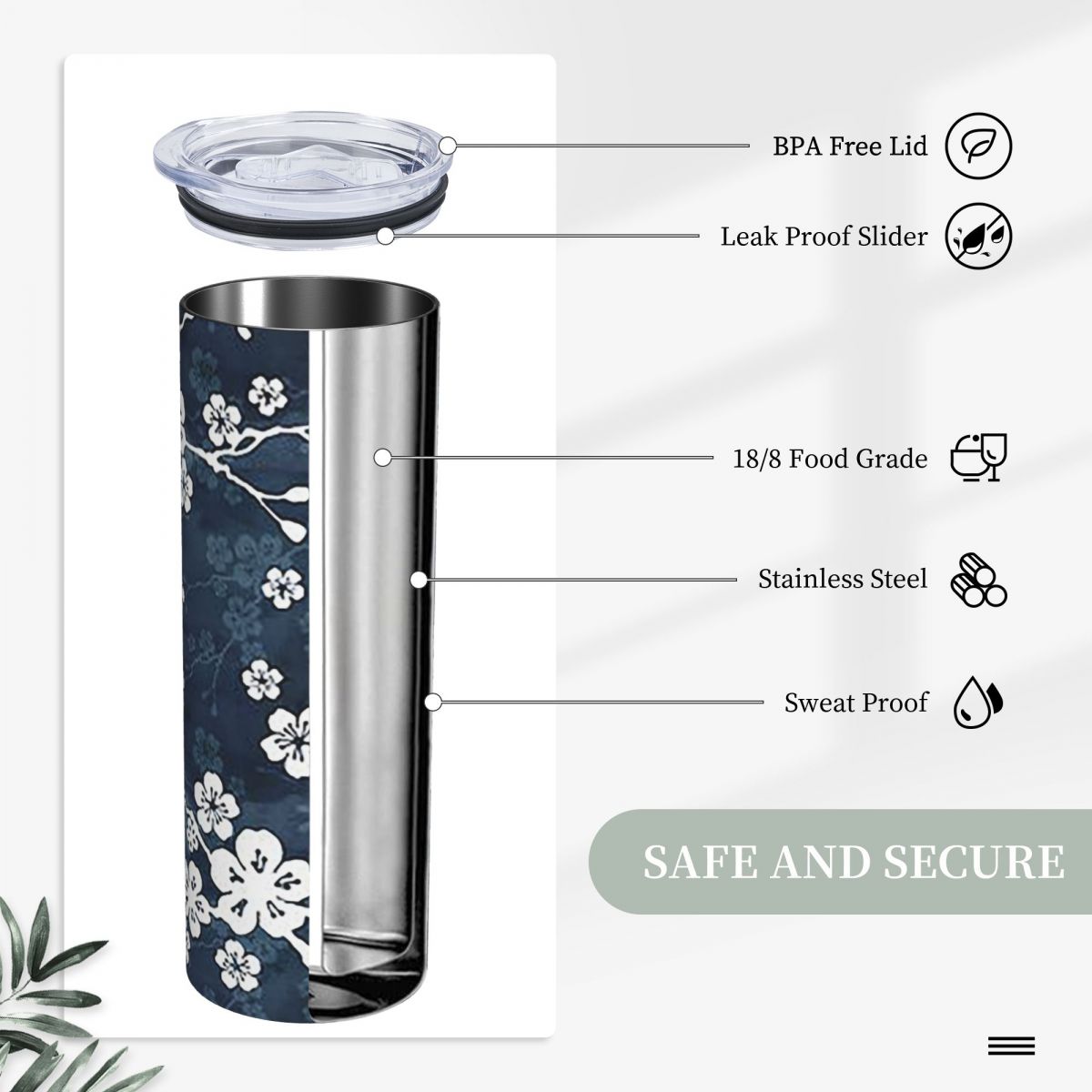 ネイビーと白の桜柄ステンレススチール製タンブラー 真空断熱マ - Tumbler 20Oz White のレビューと価格